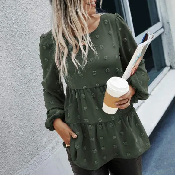 Classic Navy Blue Swiss Dot Ruffle Top Minimalist - Picture 11 of 12